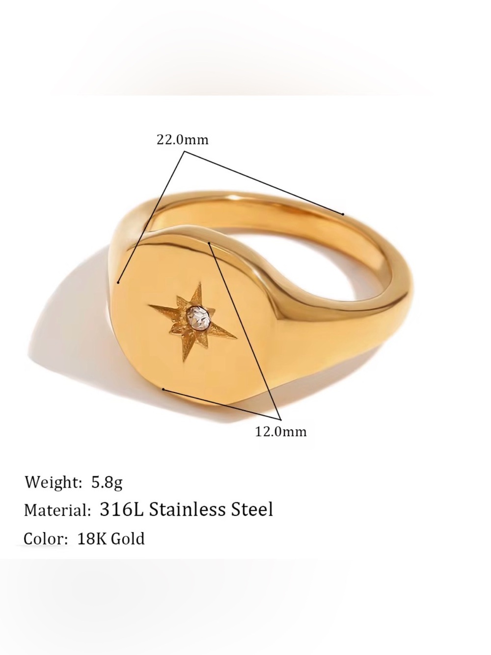Signet Ring with Star Motif and Center Stone Gold Ring Waterproof - Picture 10 of 10